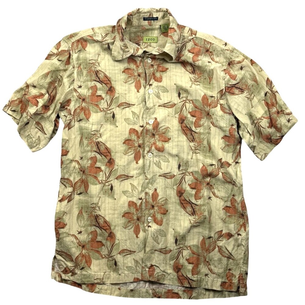 Y2K Vintage Hawaiian Shirt Izod Medium Washable‎ Silk Botanical Floral Resort